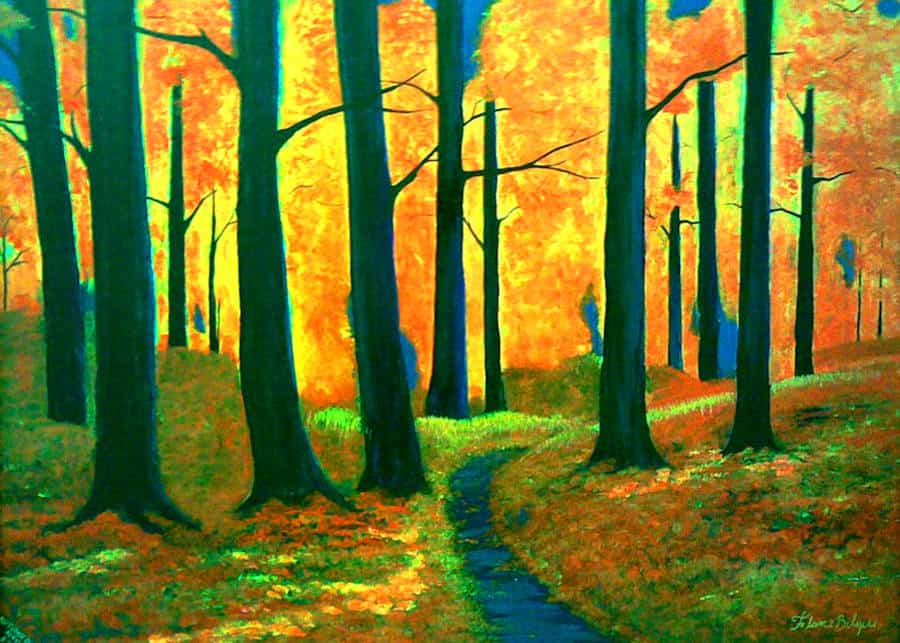 A cool path into the vibrant autumn woods, leading the way to an introspective winter