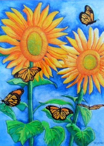 Flutterby Flowers - Monarch butterflies on sunflowers at Summer Solstice
