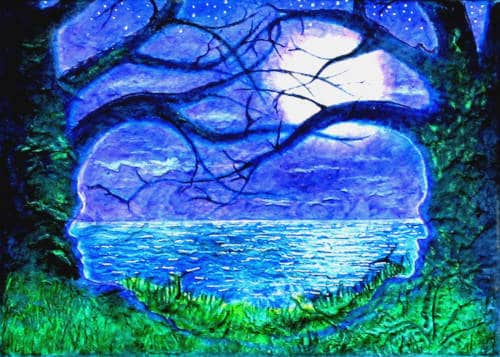 Moonlit lake with faces in the tree, looking away